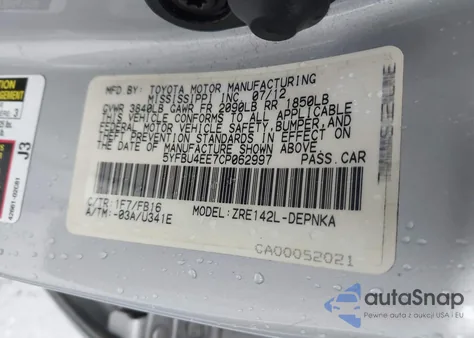 2012 Toyota Corolla Le z USA, uszkodzony, nr VIN 5YFBU4EE7CP062997